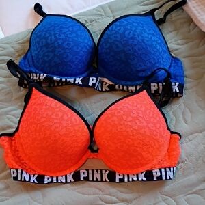 PINK Victoria's Secret Blue and Orange Leopard Print Bras